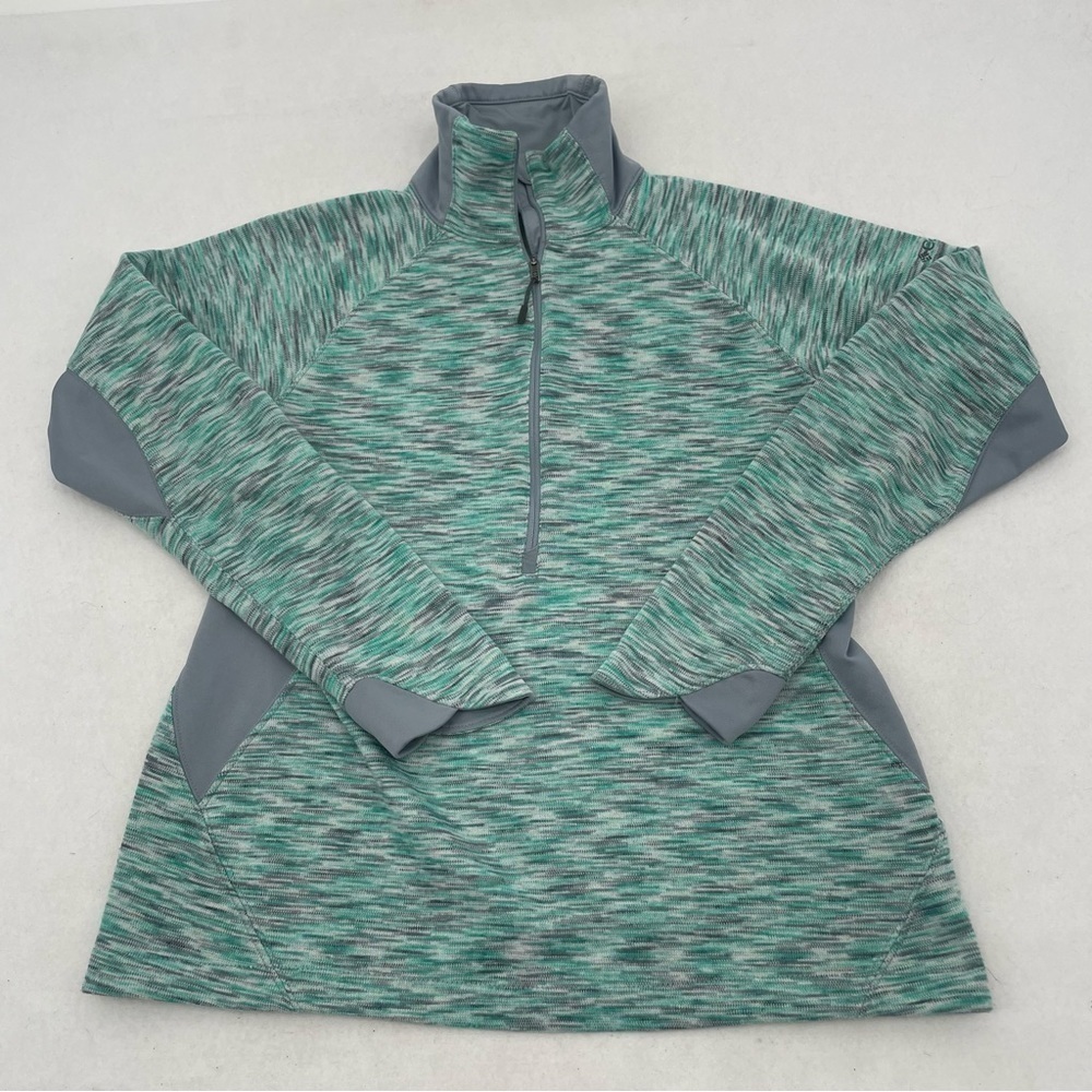 COLUMBIA Women’s Knit Quarter Zip Grey/aqua pattern light fleece lined sz: Large